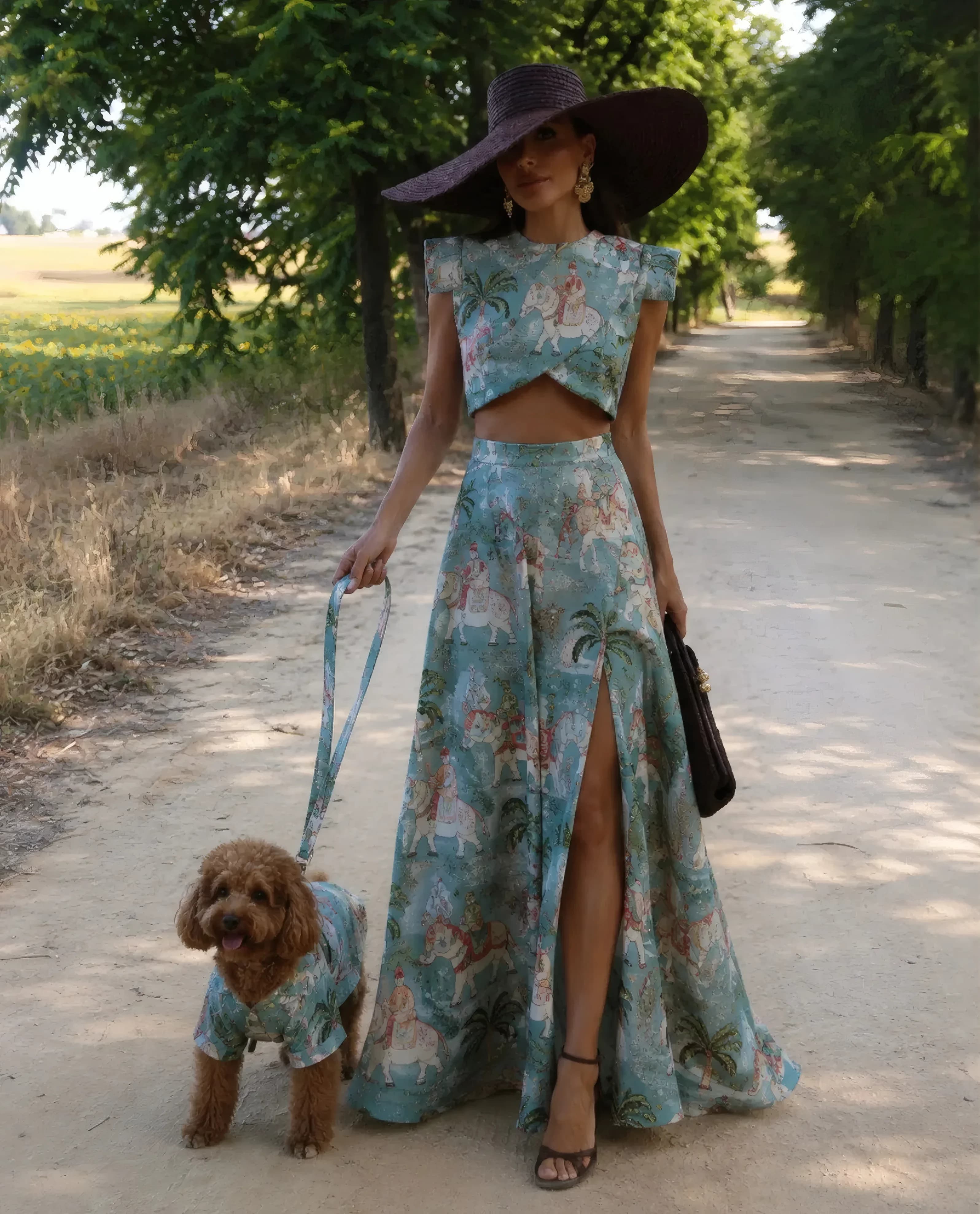Editorial de la colección Animal Care: modelo con vestido de estampado de elefantes paseando por un camino a su perro, vestido con el mismo tejido