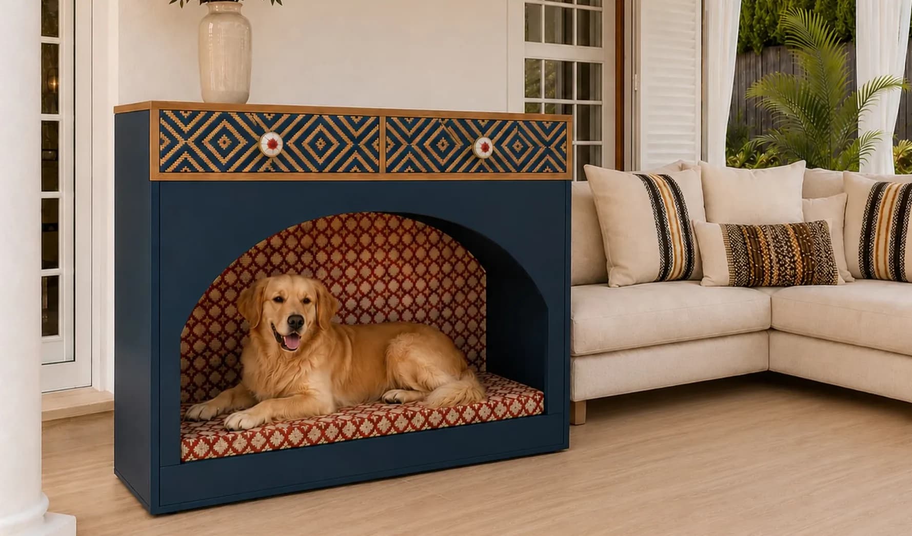 Oddie marino en una versión con frentes de cajón de dibujo geométrico, con un golden retriever en la alcoba