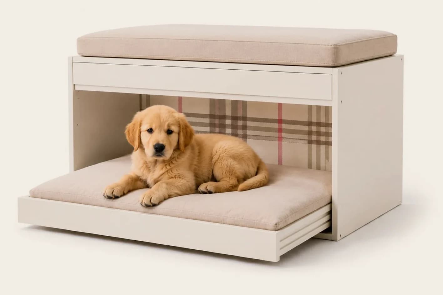 Un cachorro de golden sobre la cama extraíble del Clifford marfil, con el interior forrado con el estampado E2