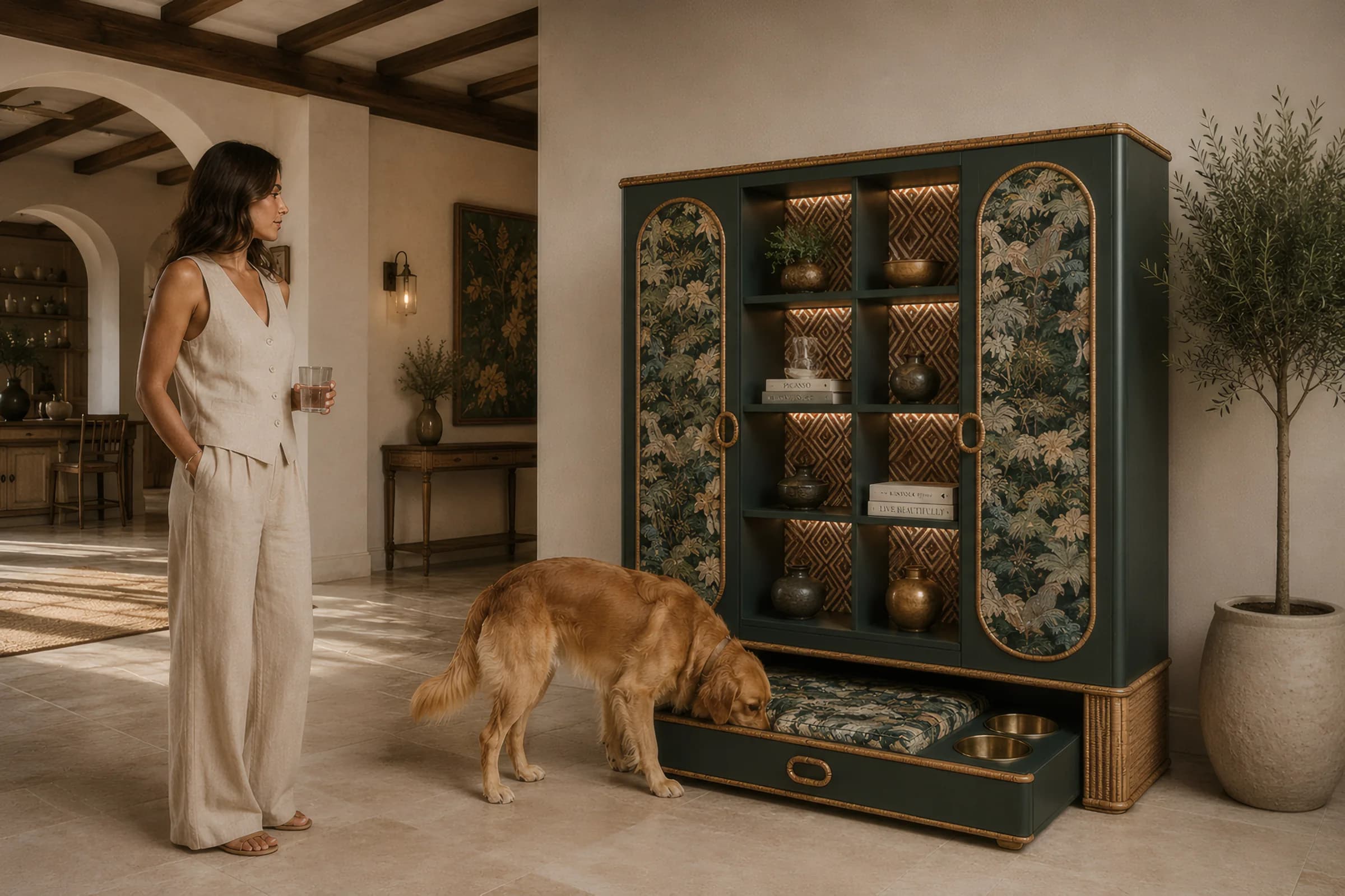 Un golden retriever en su cama, abierta bajo un mueble de Domus Deorum con tejido botánico