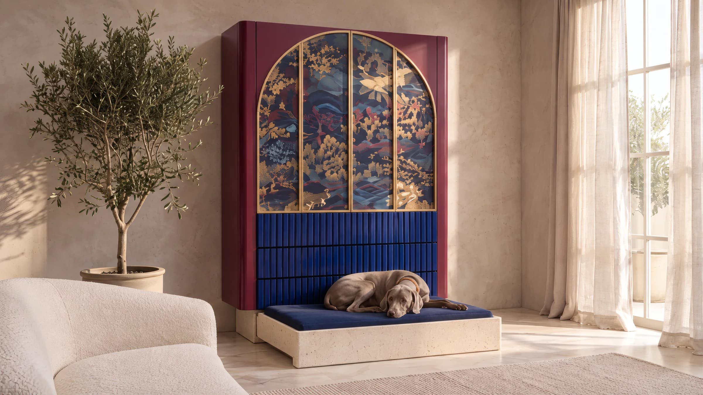 El perro tumbado en la cama desplegada bajo el mueble
