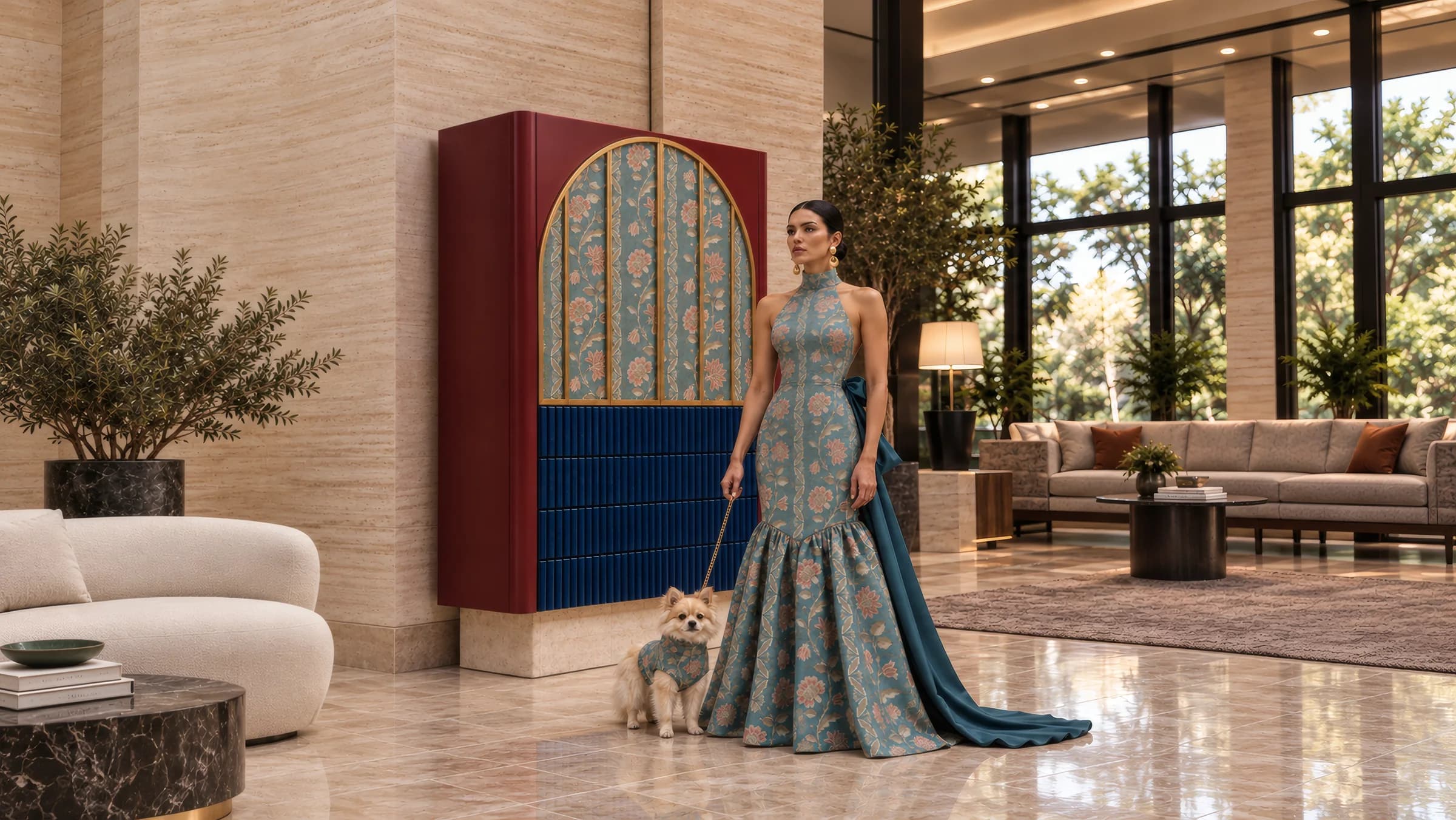 Sunna, buffet de Domus Deorum, junto a una modelo y su perro