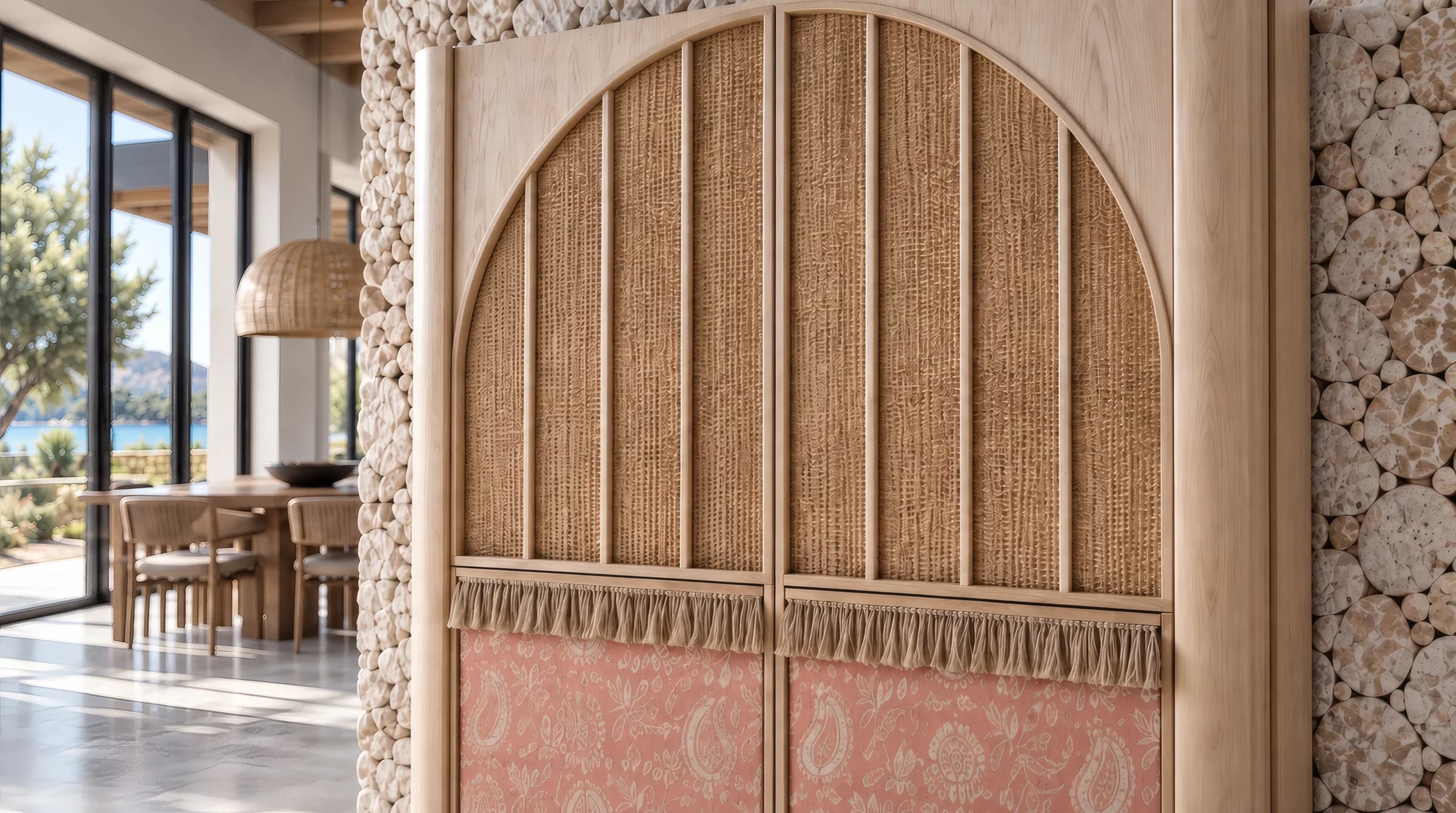 Detalle del Sunna buffet de flecos: el arco y el tejido rosa de las puertas bajas