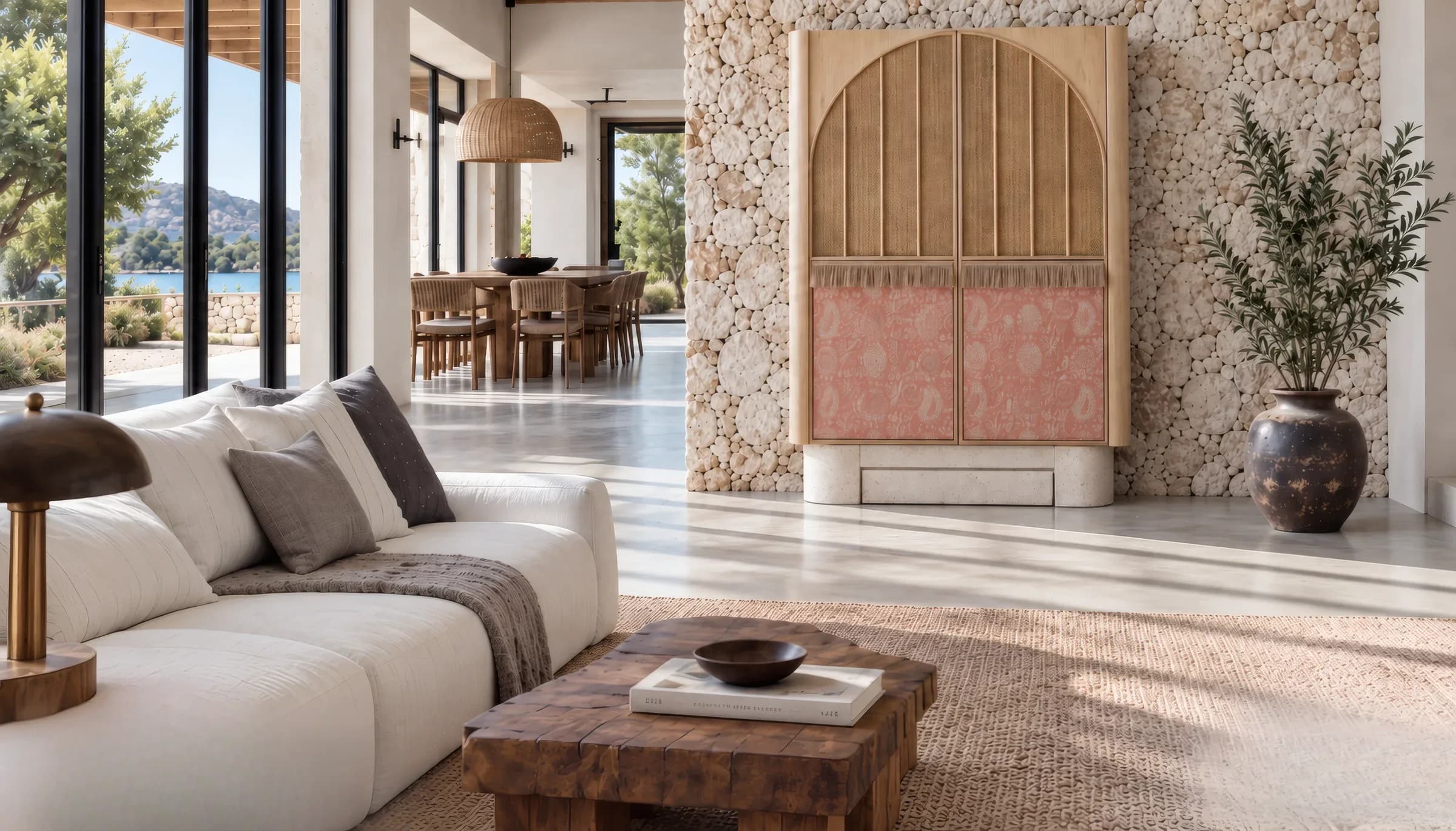 Sunna buffet en tonos naturales, con flecos y puertas bajas de tejido rosa, en un salón