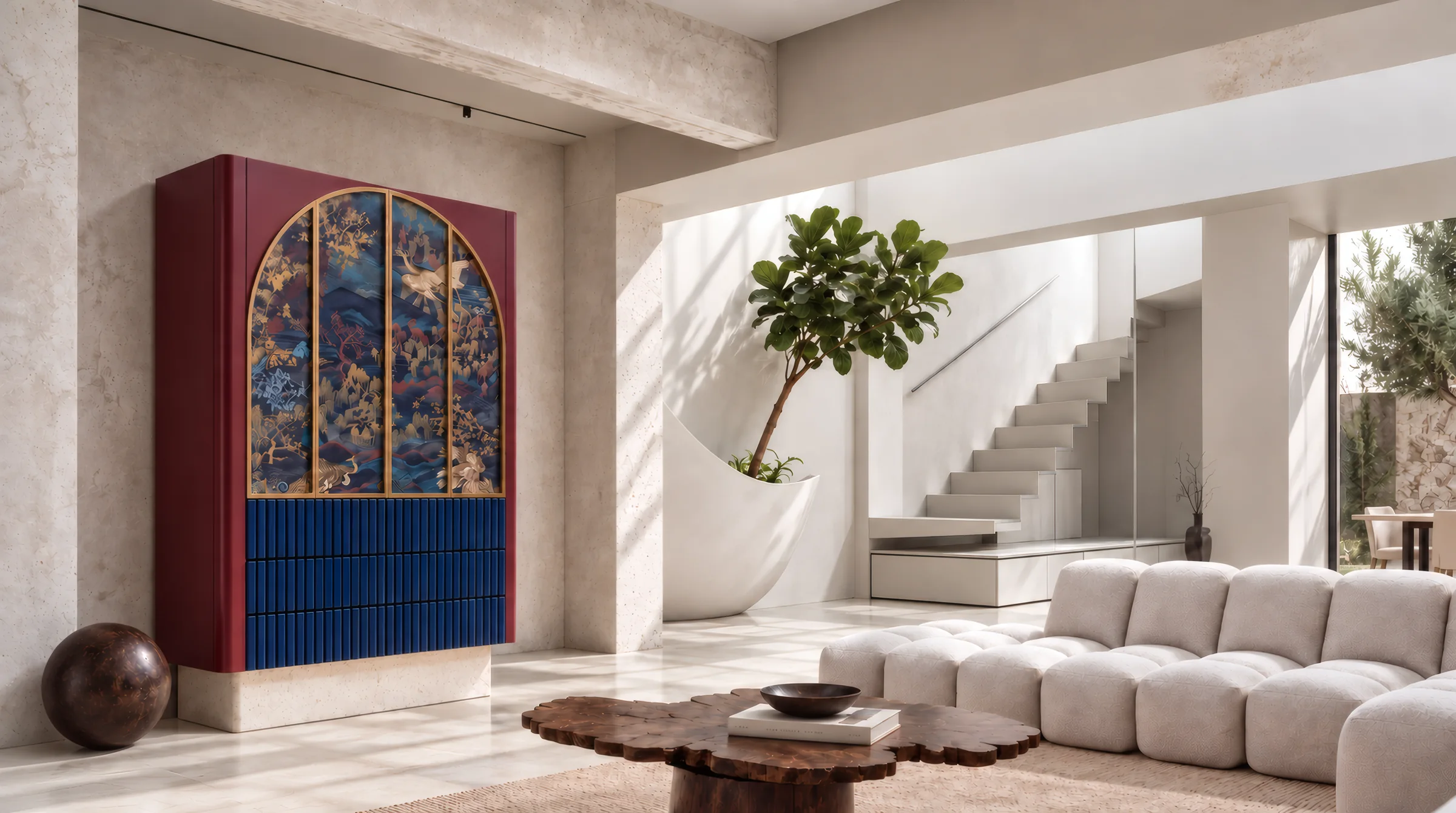 Sunna, buffet de Domus Deorum, en granate y azul, en un salón
