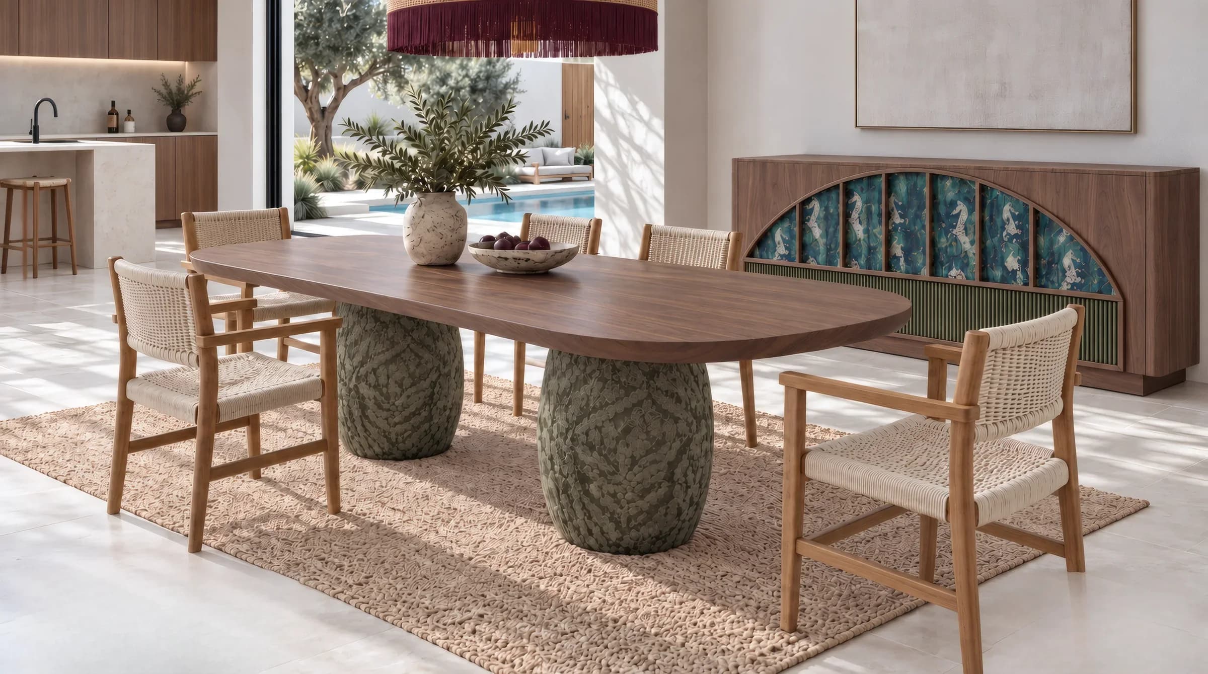 La colección Sunna en un comedor: la mesa con sus sillas y, al fondo, el aparador