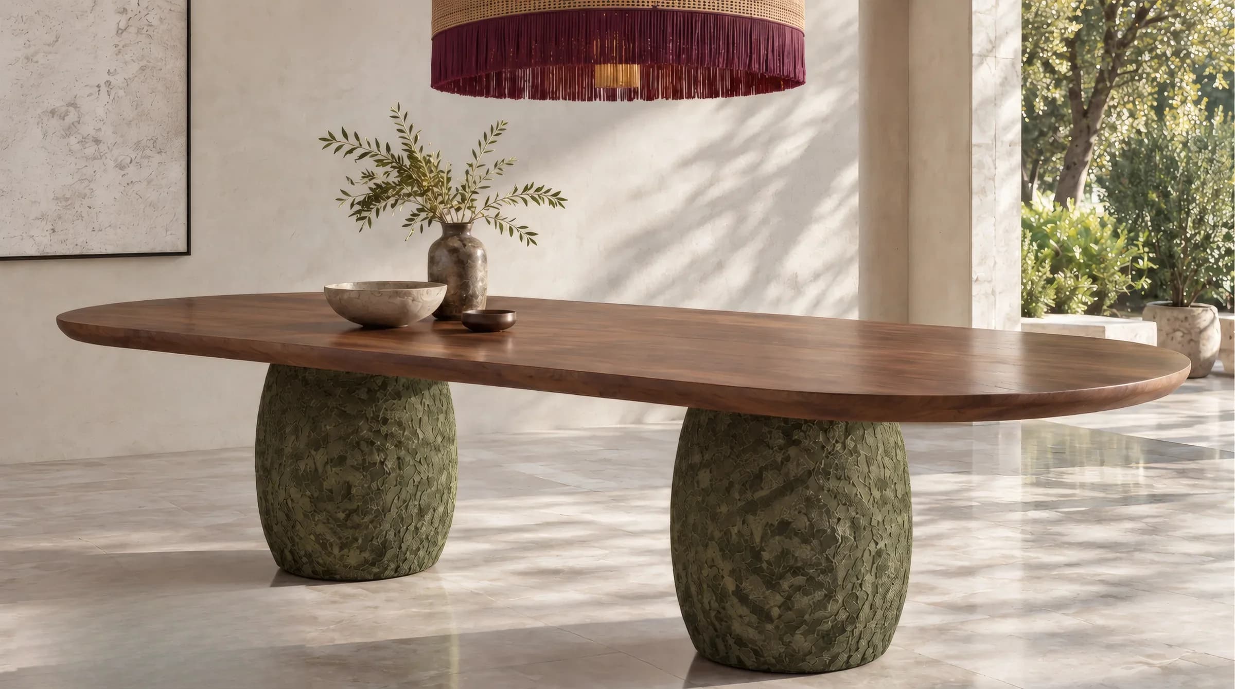 Sunna mesa: tablero de madera sobre dos pies verdes