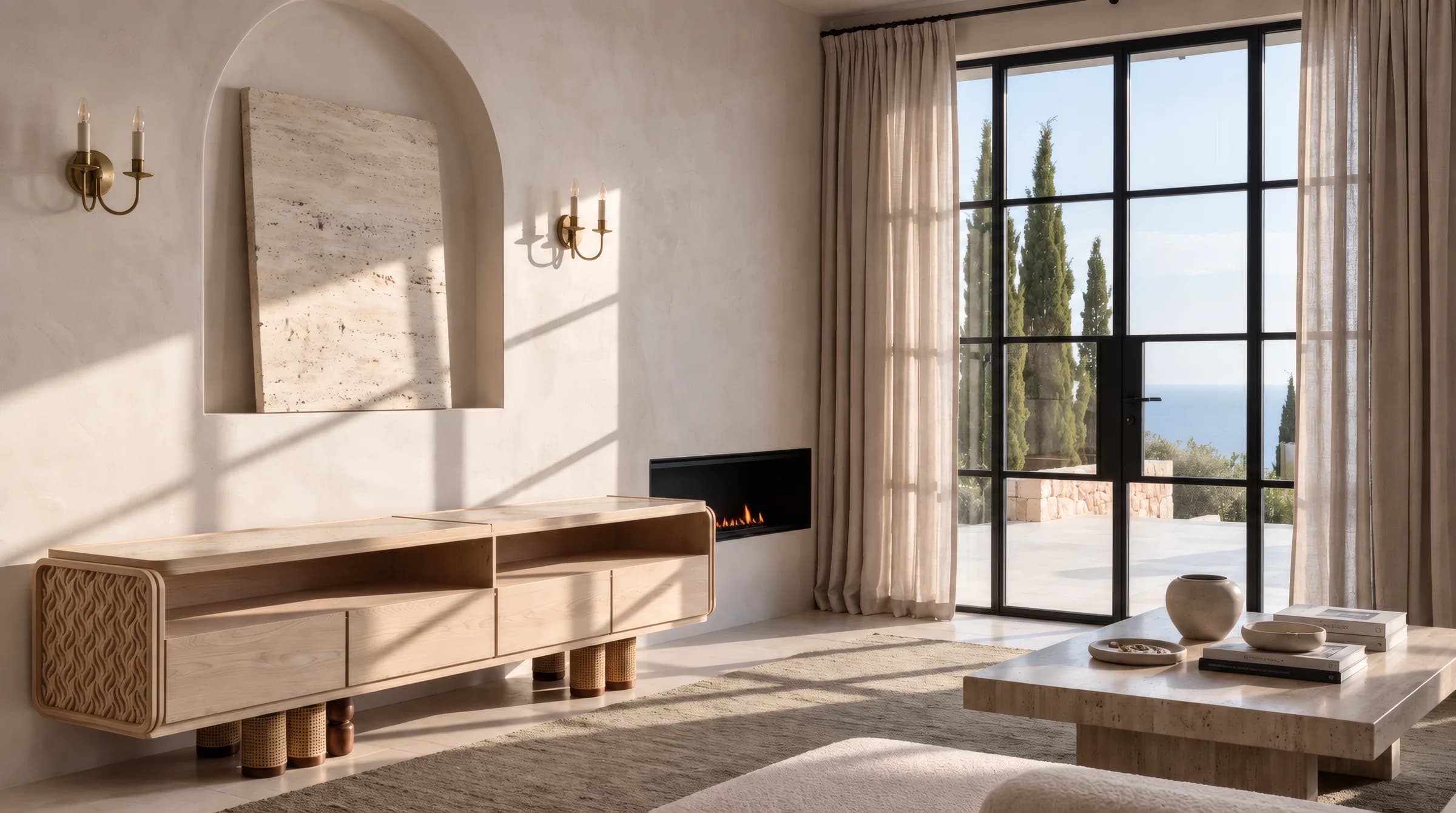 Vesta aparador en un salón con chimenea y vistas al mar