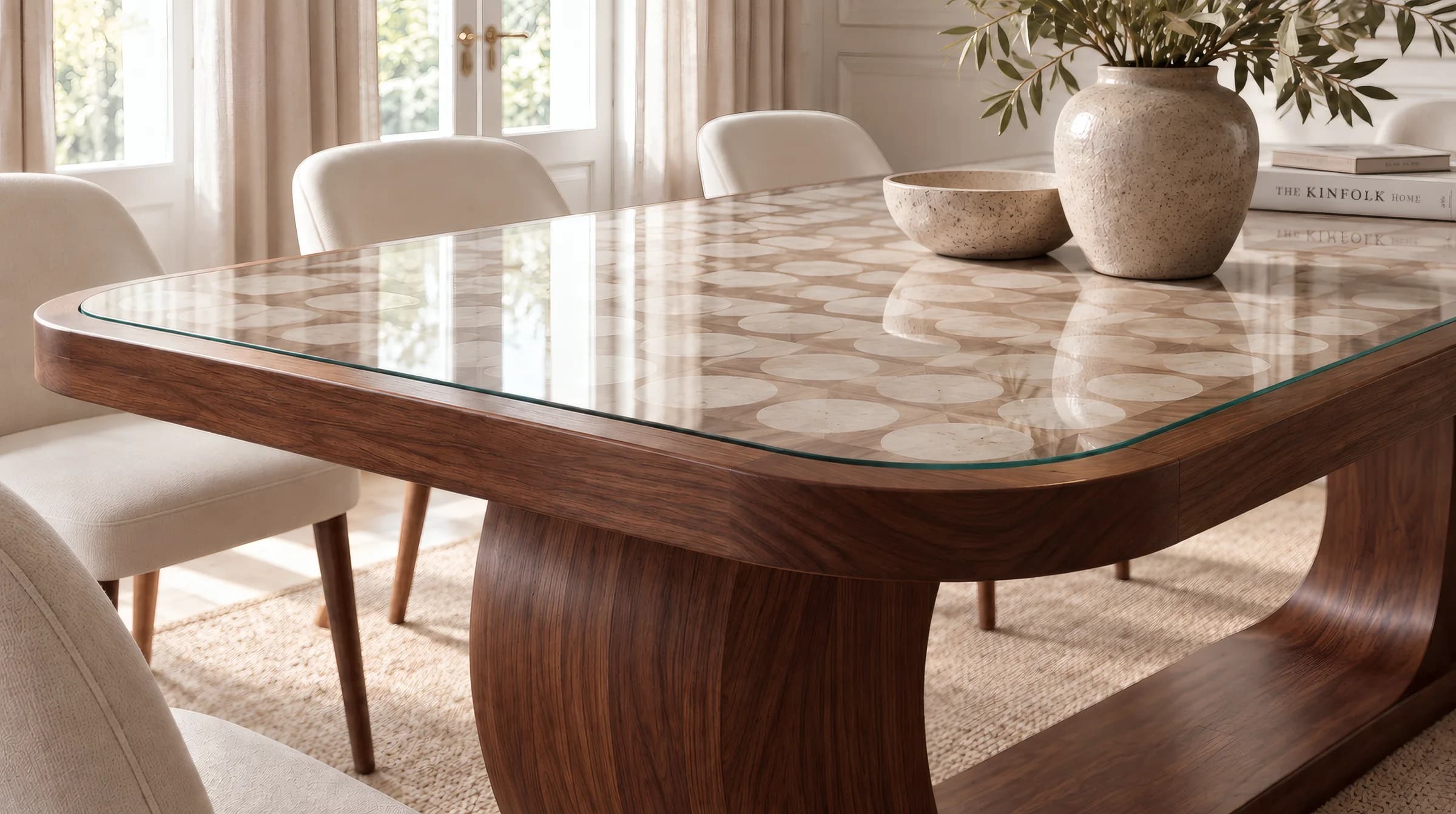 Detalle de la Vesta mesa: el canto de madera y el tablero estampado bajo cristal