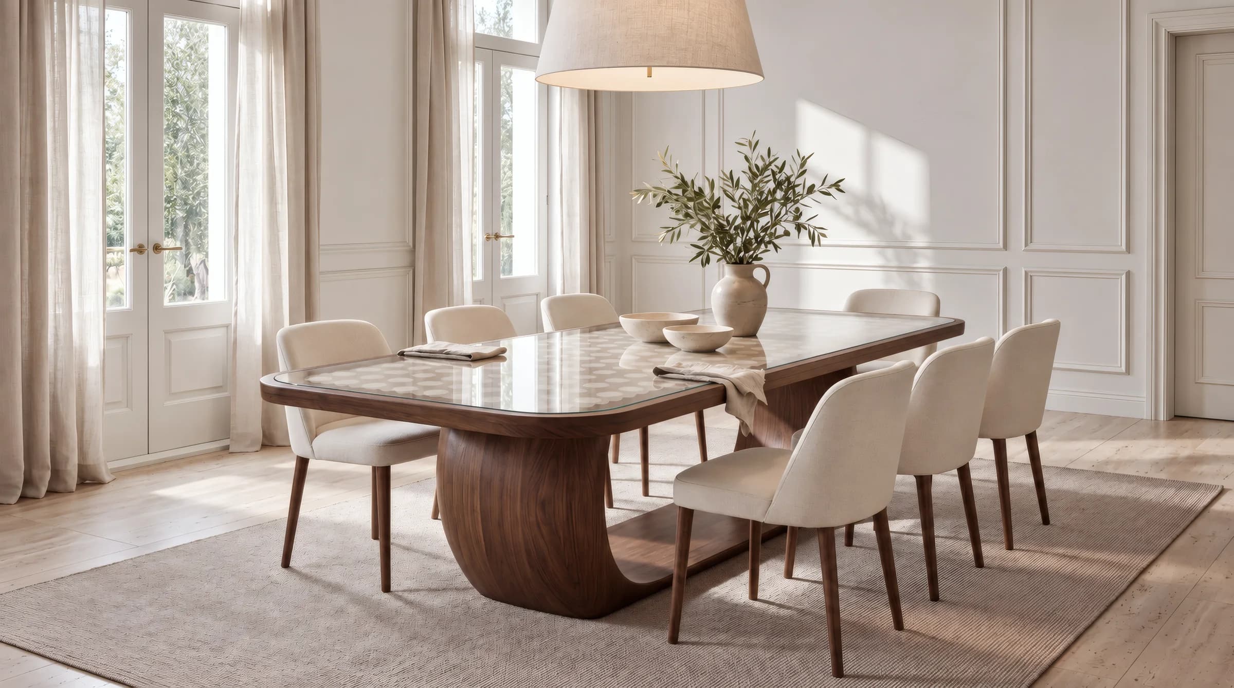 Vesta mesa en un comedor: tablero estampado bajo cristal y pie curvo de madera