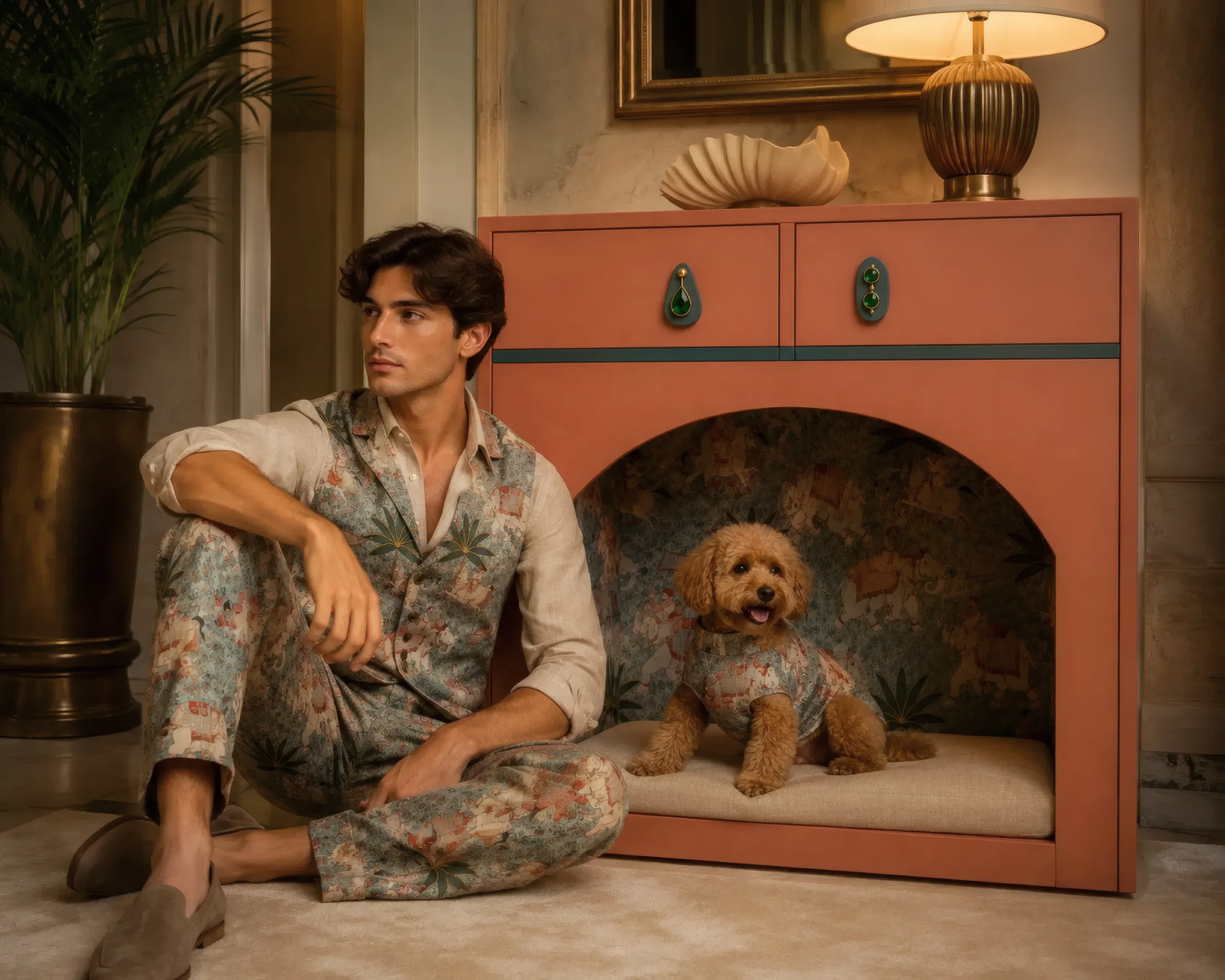 Oddie coral en un salón: el dueño, vestido con el mismo estampado de la alcoba, sentado en el suelo junto a su perro, que descansa dentro
